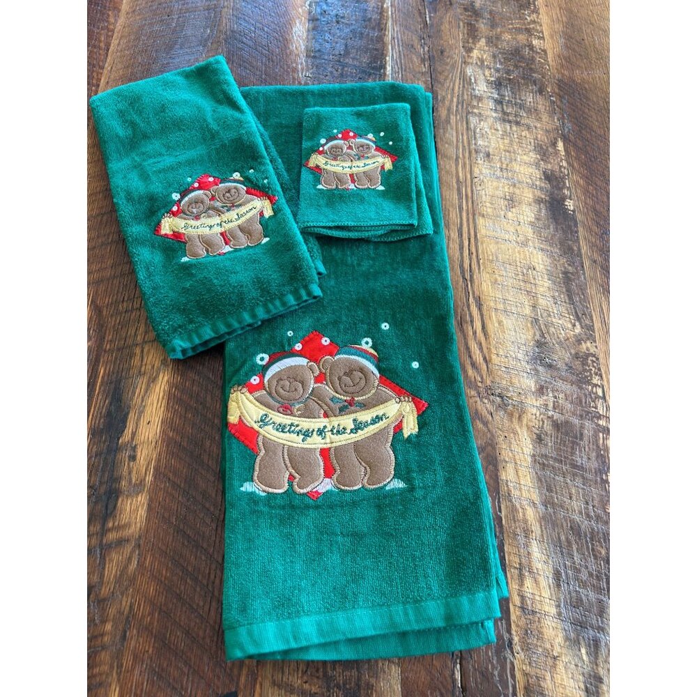 Holiday Bathworks Cotton Christmas Towel Set With Embroidered Teddy Bears & "Gre
